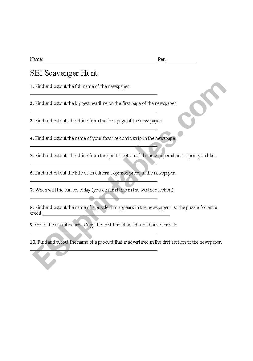 ESL Newspaper Scavenger Hunt worksheet