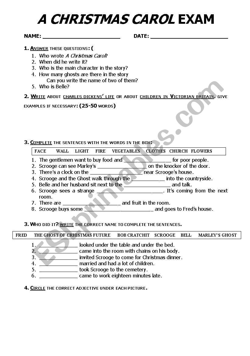 A Christmas Carol Exam worksheet