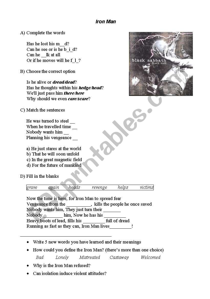 Black Sabbath - Iron Man worksheet