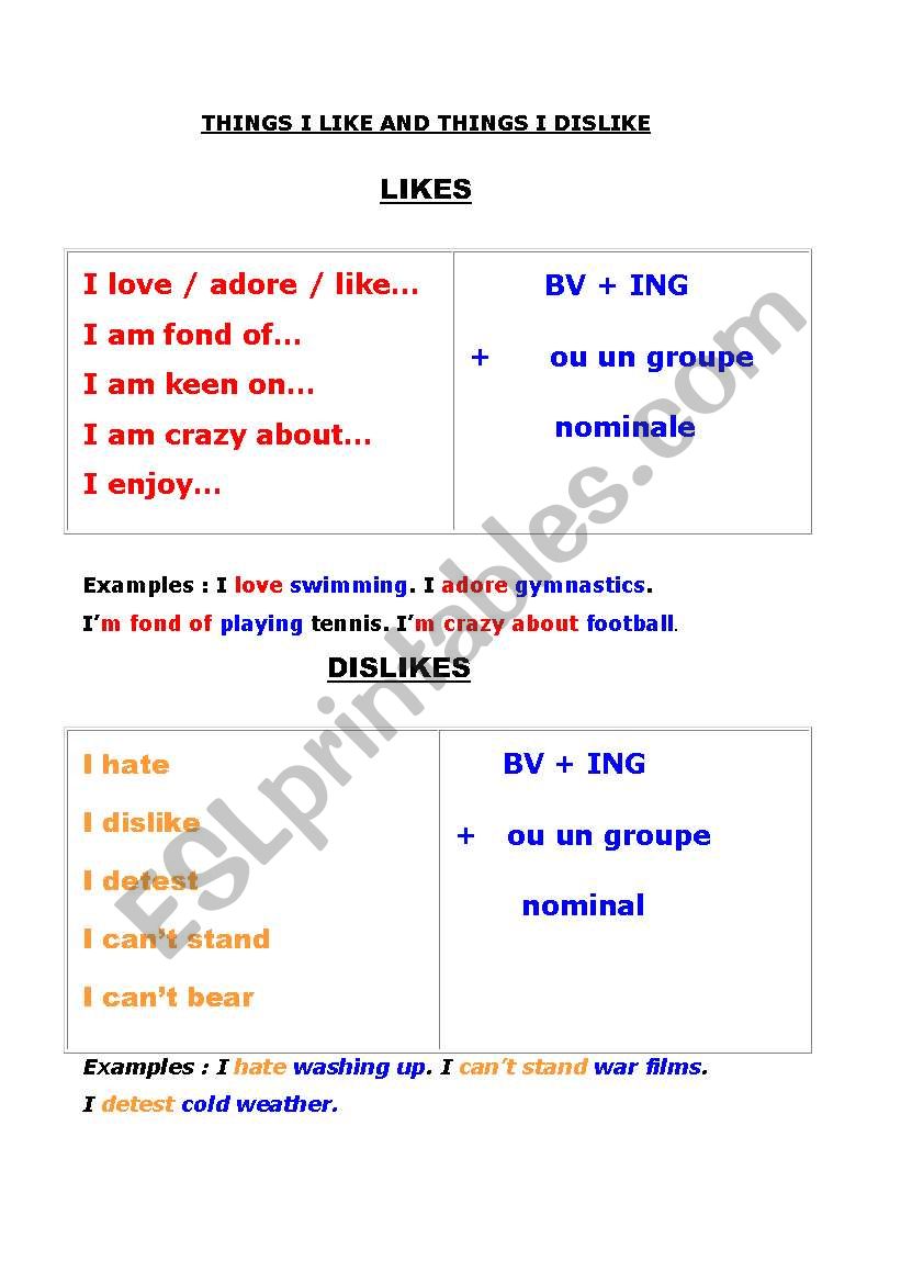 likes and dislikes worksheet