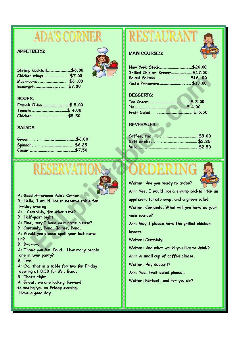 RESTAURANT ROLEPLAY AND ACTIVITY WORKSHEETS