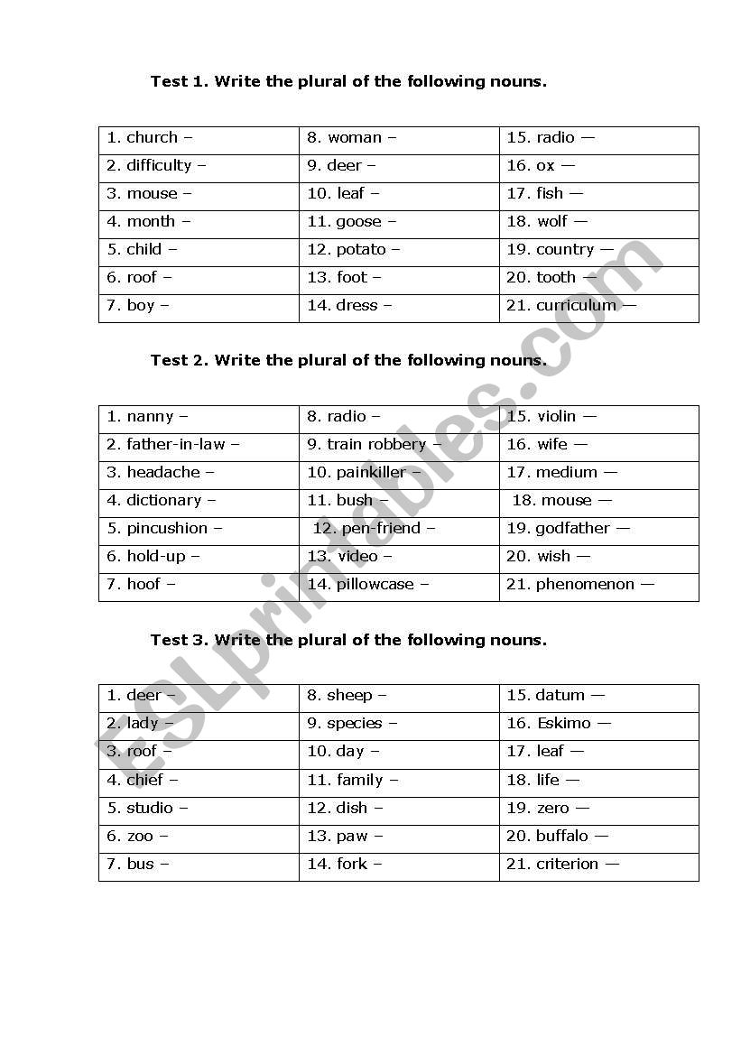 PLURALS worksheet