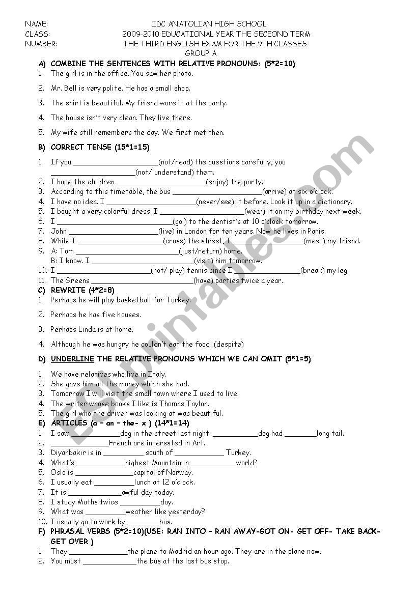 the third english exam for the intermediate students