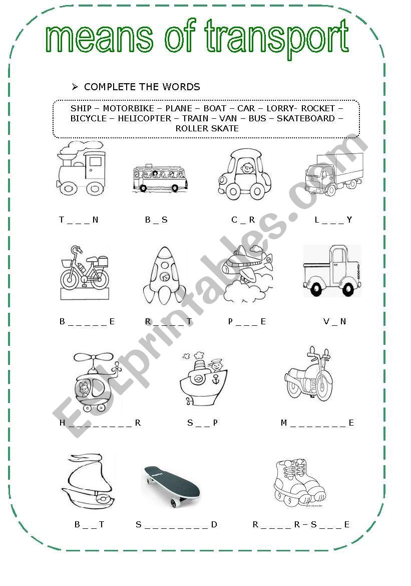 Means of Transport worksheet