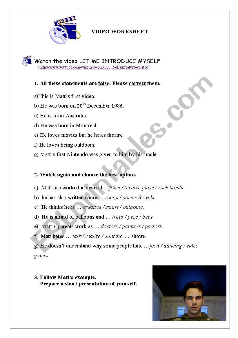 video-Let me introduce myself worksheet