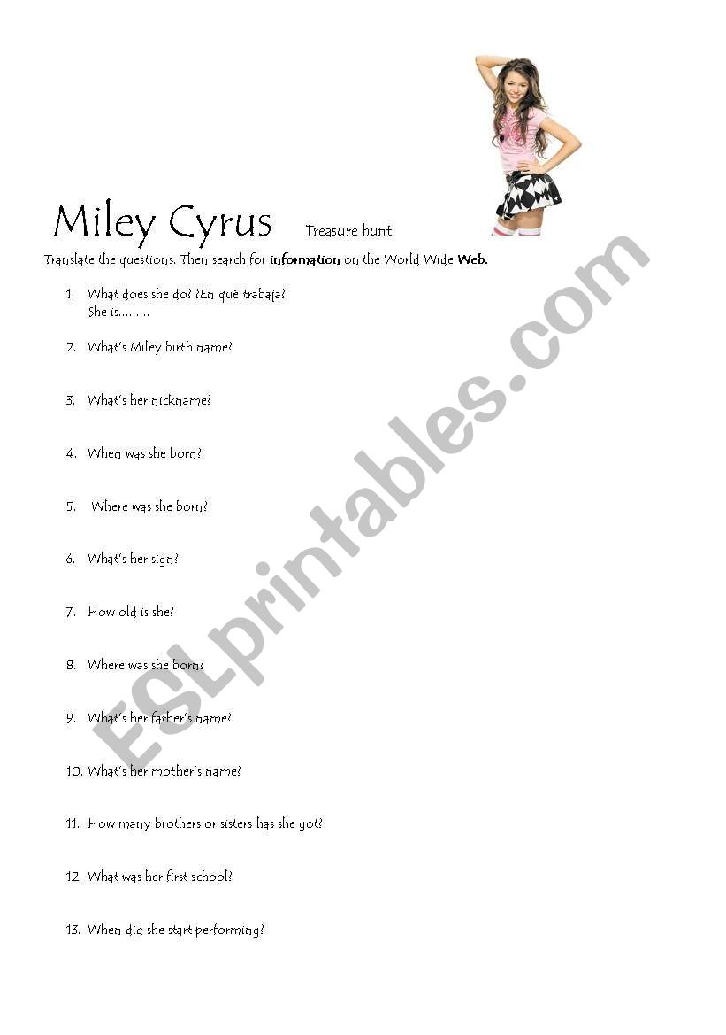 Miley Cyrus treasure hunt worksheet