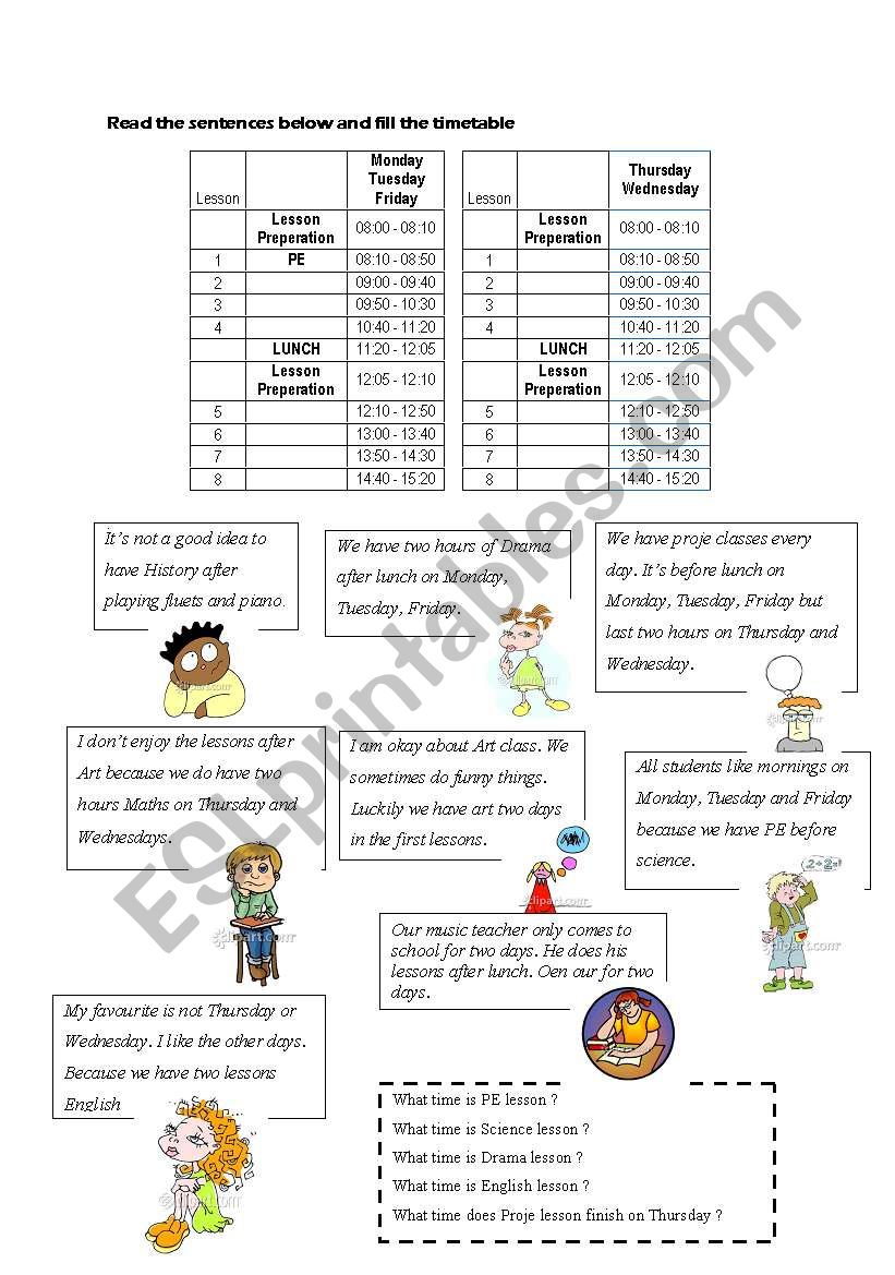 TIMETABLES worksheet