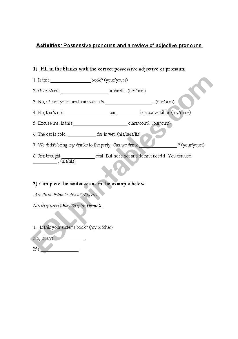 Possessive Pronouns worksheet