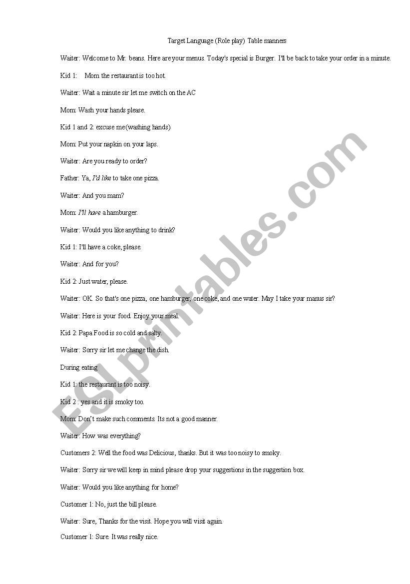 role play about table manners worksheet