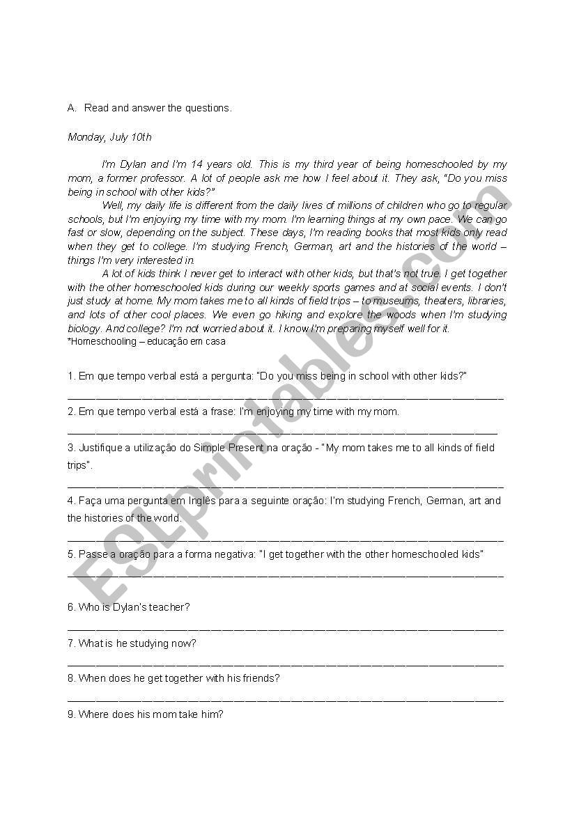 Reading and grammar exercise worksheet