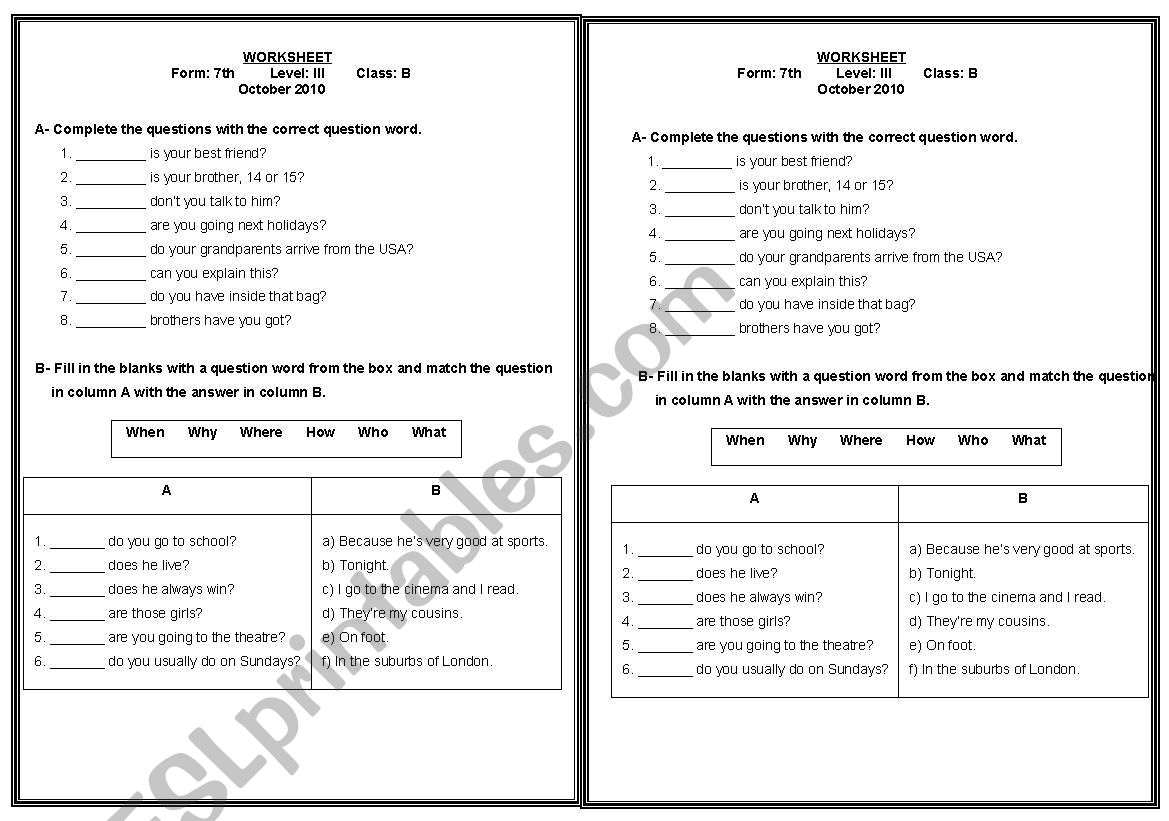 Question words worksheet