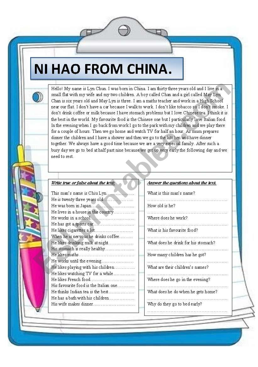 Ni Hao from China. Reading. worksheet
