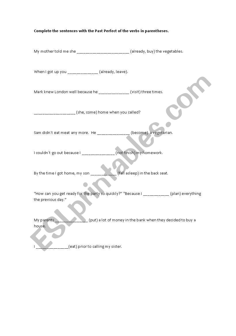 Past Perfect Sentences worksheet
