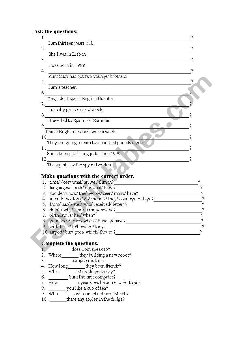 Asking questions worksheet