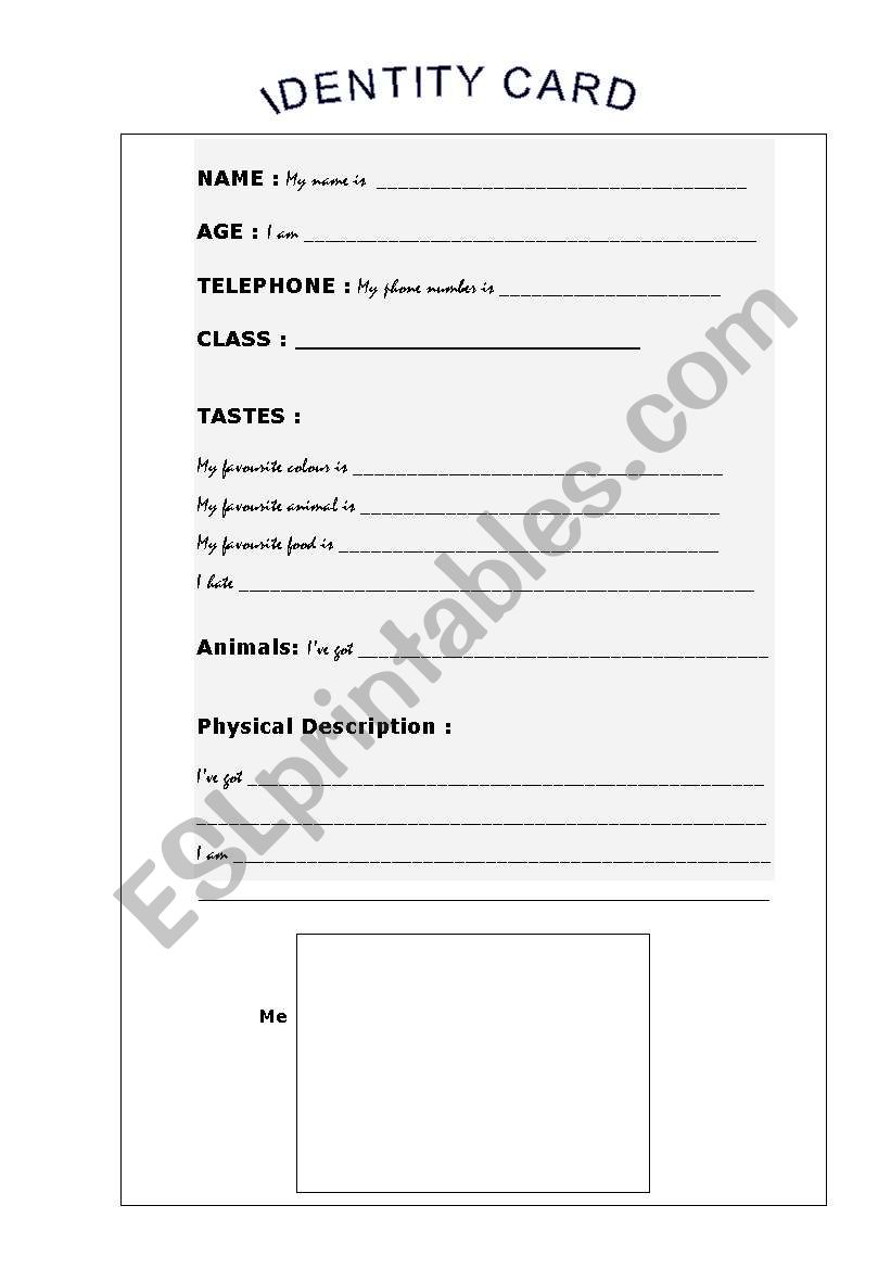 Identity Card worksheet