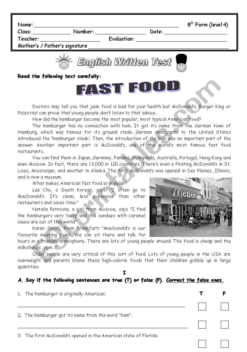 test about fast food worksheet
