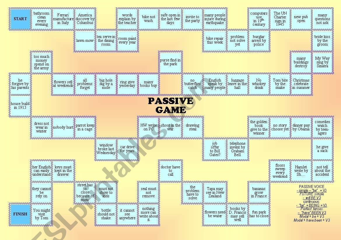 Passive BOARDGAME - make 70 sentences with FUN (regular / irregular V) + BW + grammar + FC + Common Verbs ((6_pages))