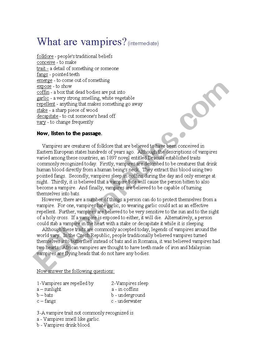 What are vampires? worksheet