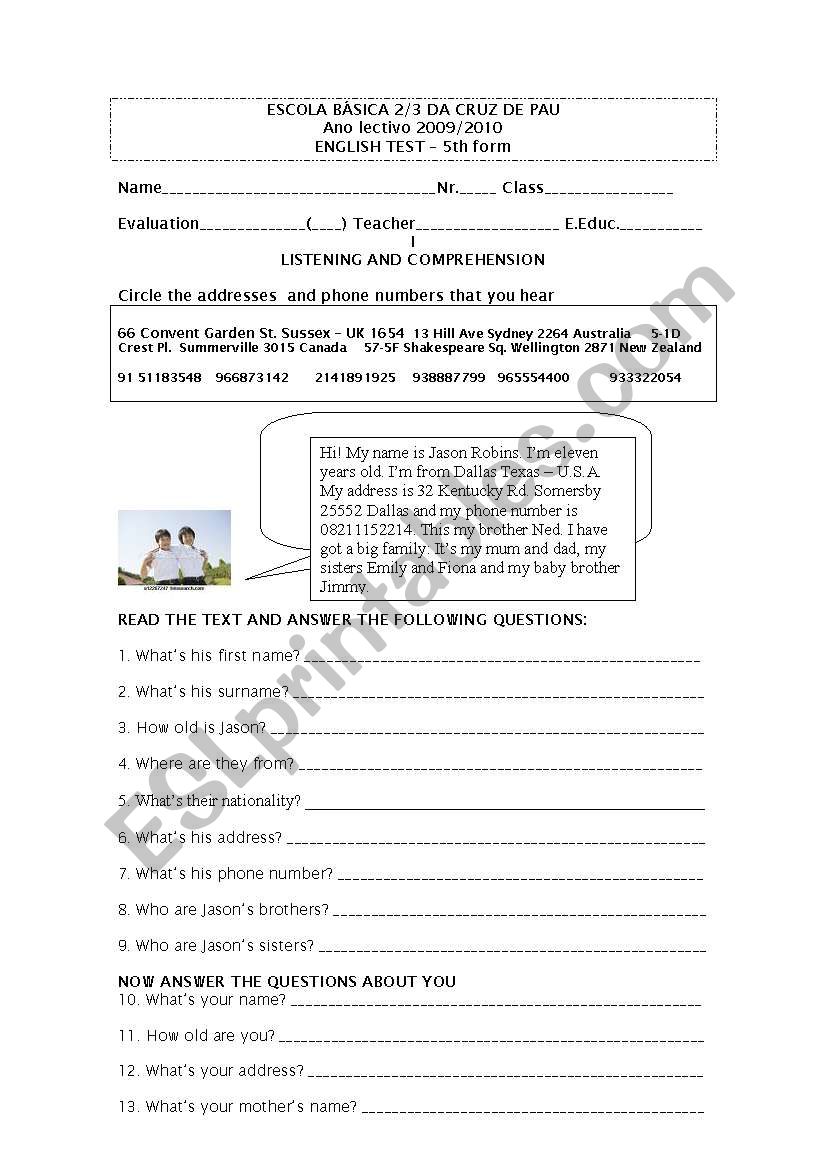  ELEMENTARY TEST ( FAMILY) worksheet