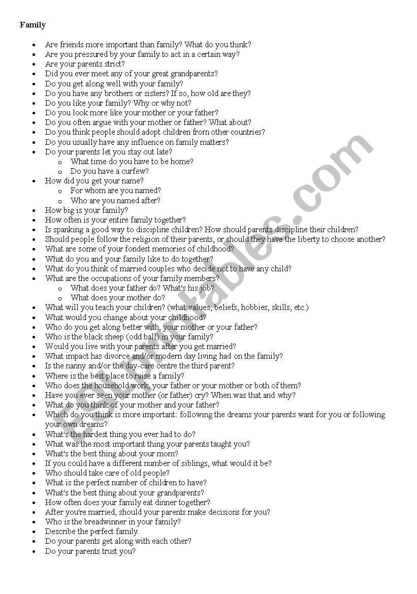Family questions worksheet
