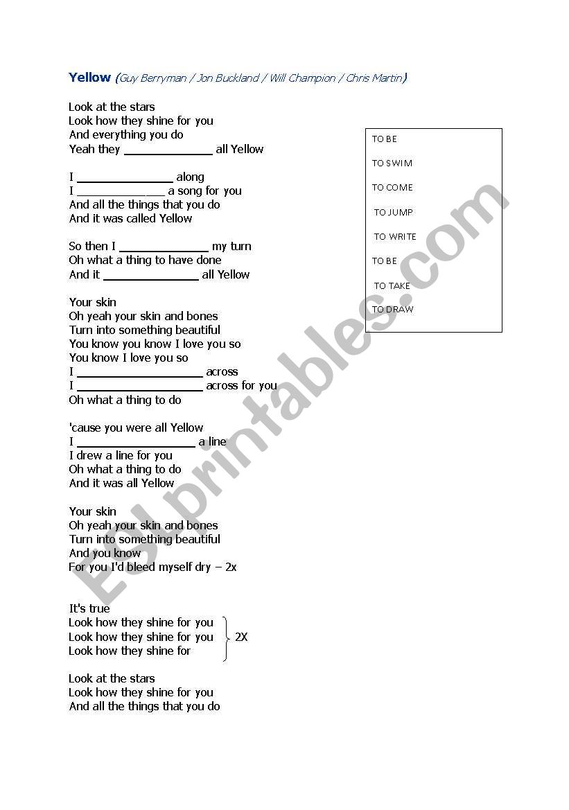 Song - Yellow -  Cold Play worksheet