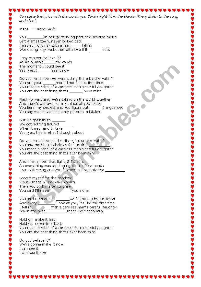 Mine, by Taylor Swift worksheet