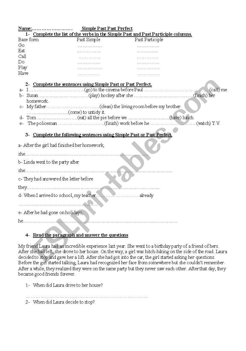 Simple Past vs Past Perfect worksheet