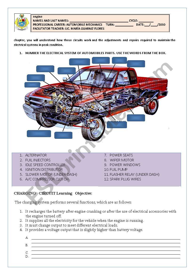 THE ELECTRICAL SYSTEM OF CARS worksheet