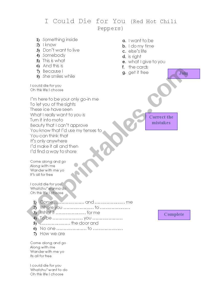 I Could Die for You worksheet