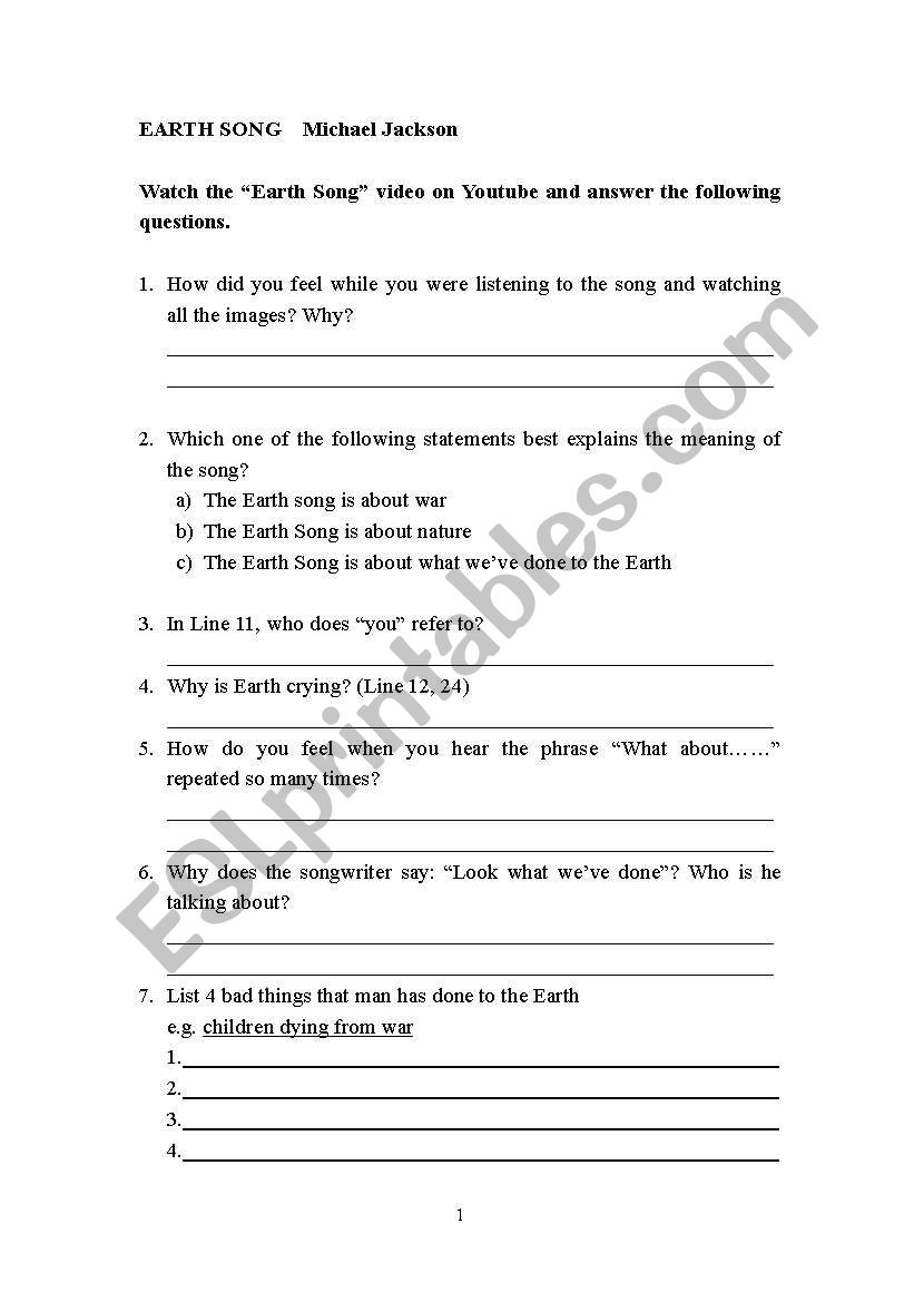 EARTH SONG By Michael Jackson worksheet