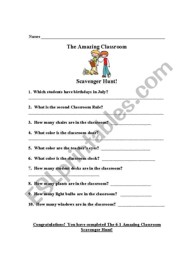 Classroom Scavenger Hunt worksheet
