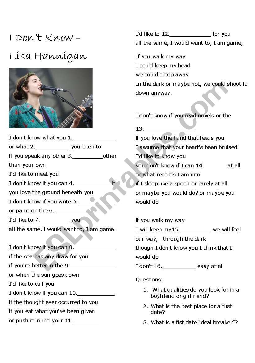 Lisa Hannigan - I dont know worksheet