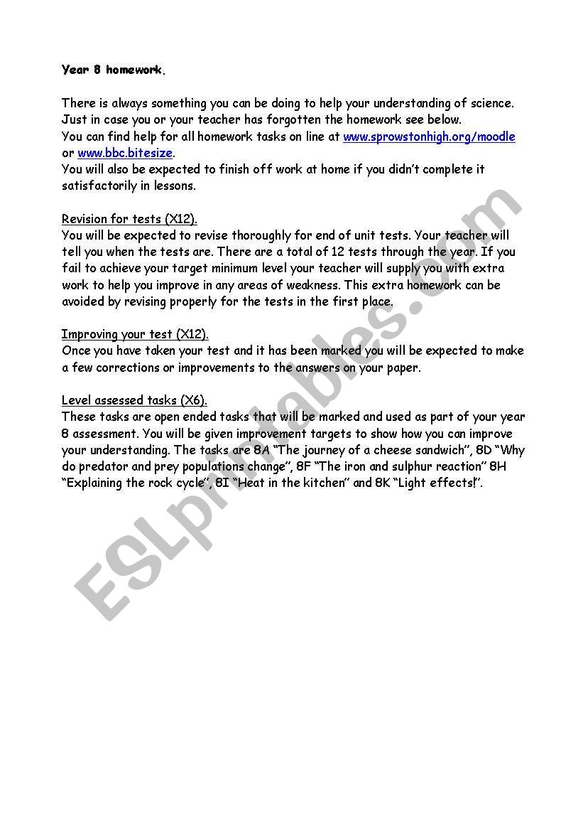 year 8 homework science worksheet