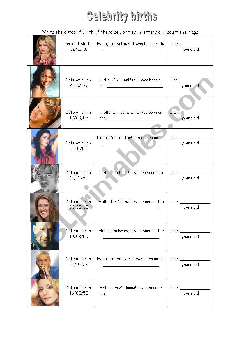 CELEBRITY BIRTHS worksheet