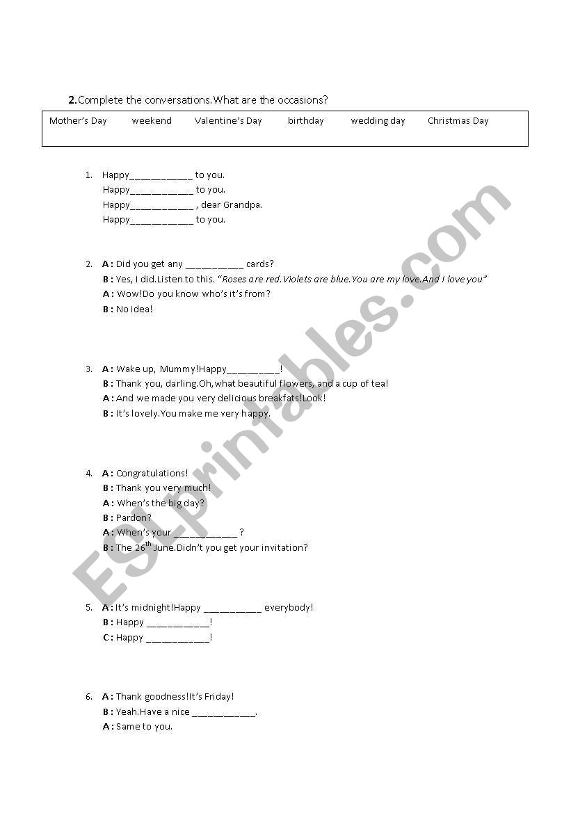 special occasions worksheet