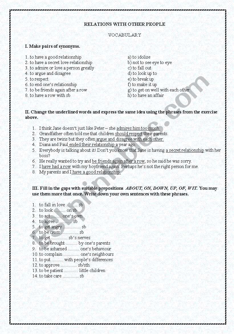 Relations with other people. Vocabulary practice