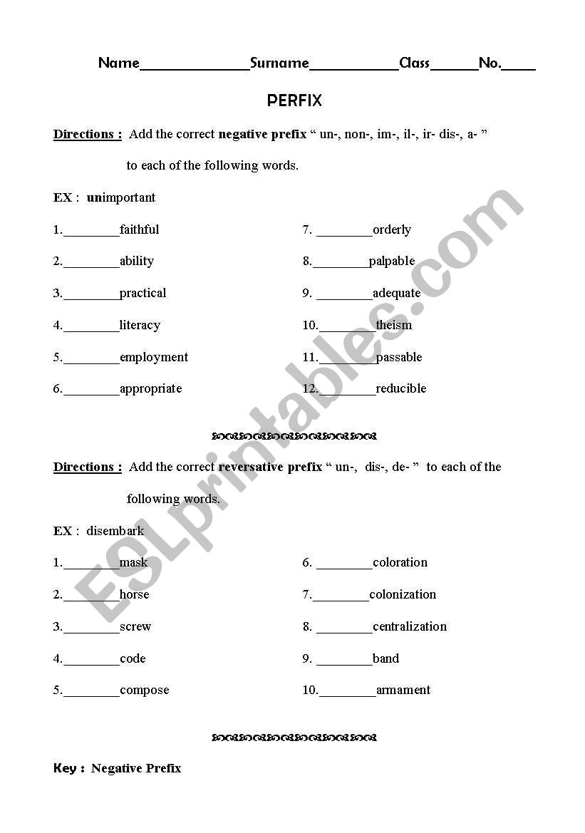 Prefix worksheet