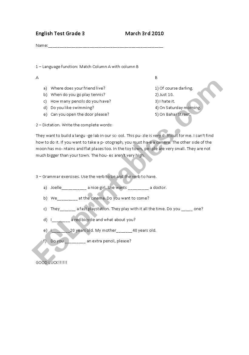 Kids test worksheet