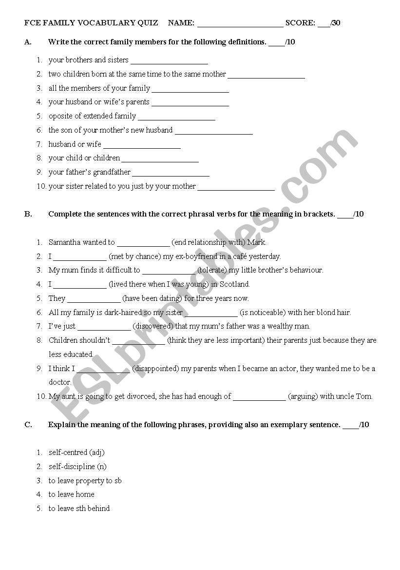 Family vocabulary quiz worksheet