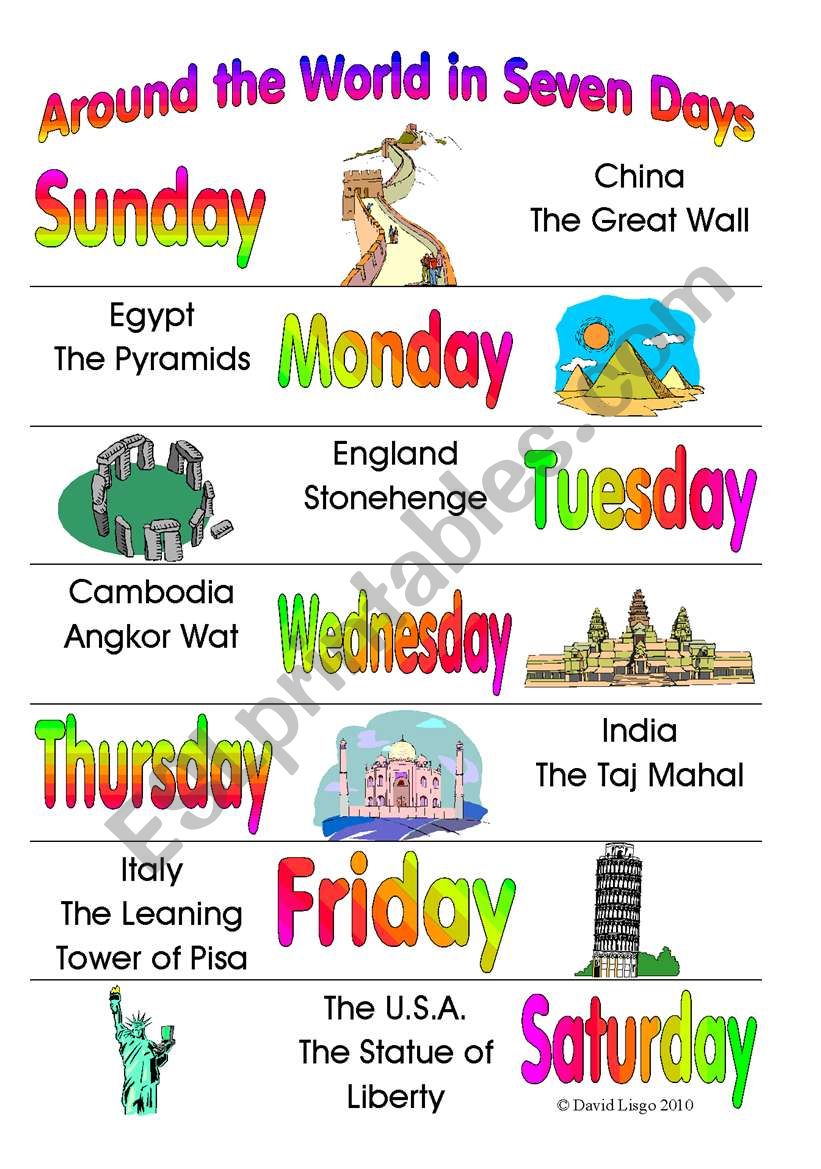Around the World in Seven Days: 3 different activity cards