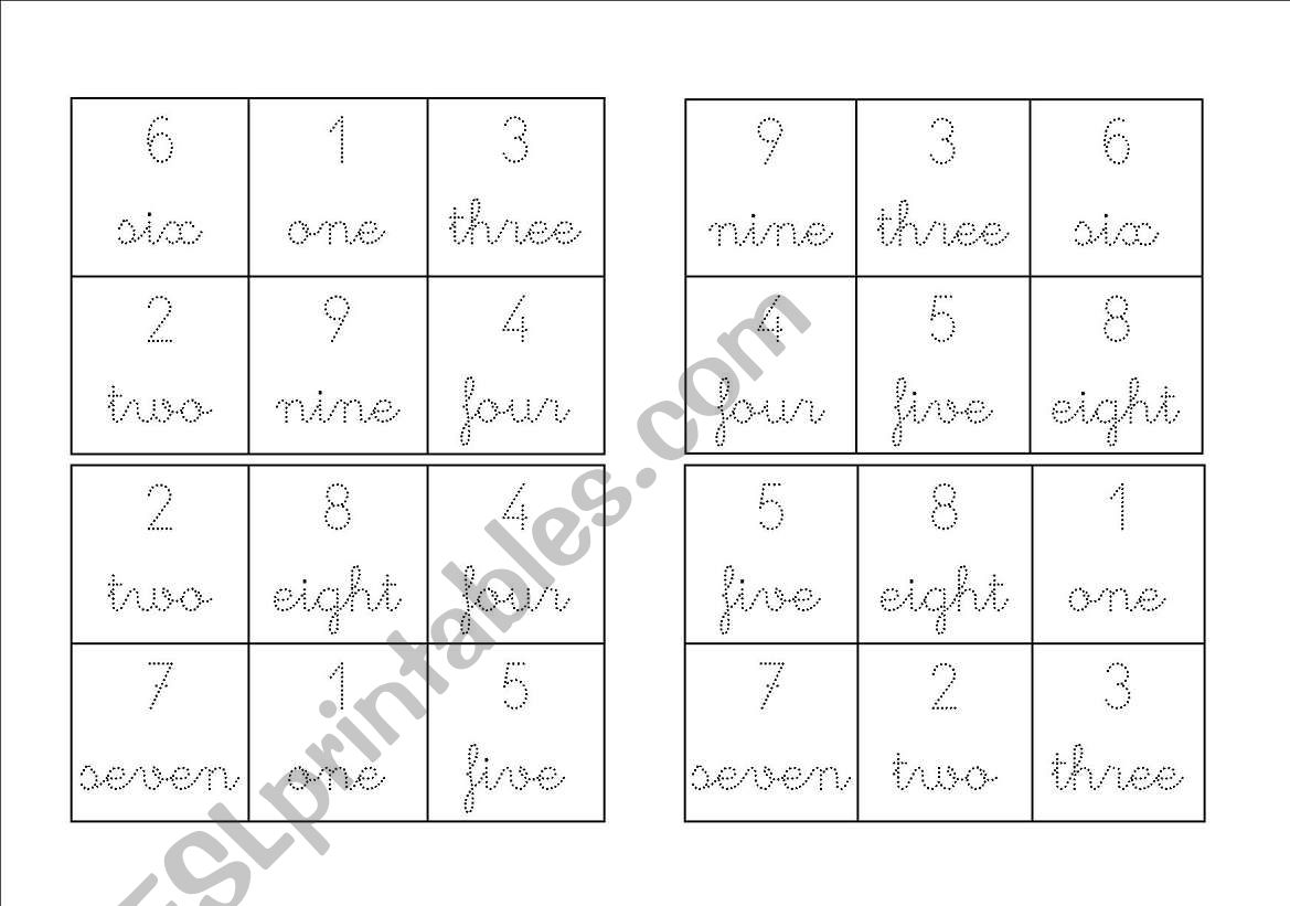 Bingo Cards: Numbers 1-9 worksheet