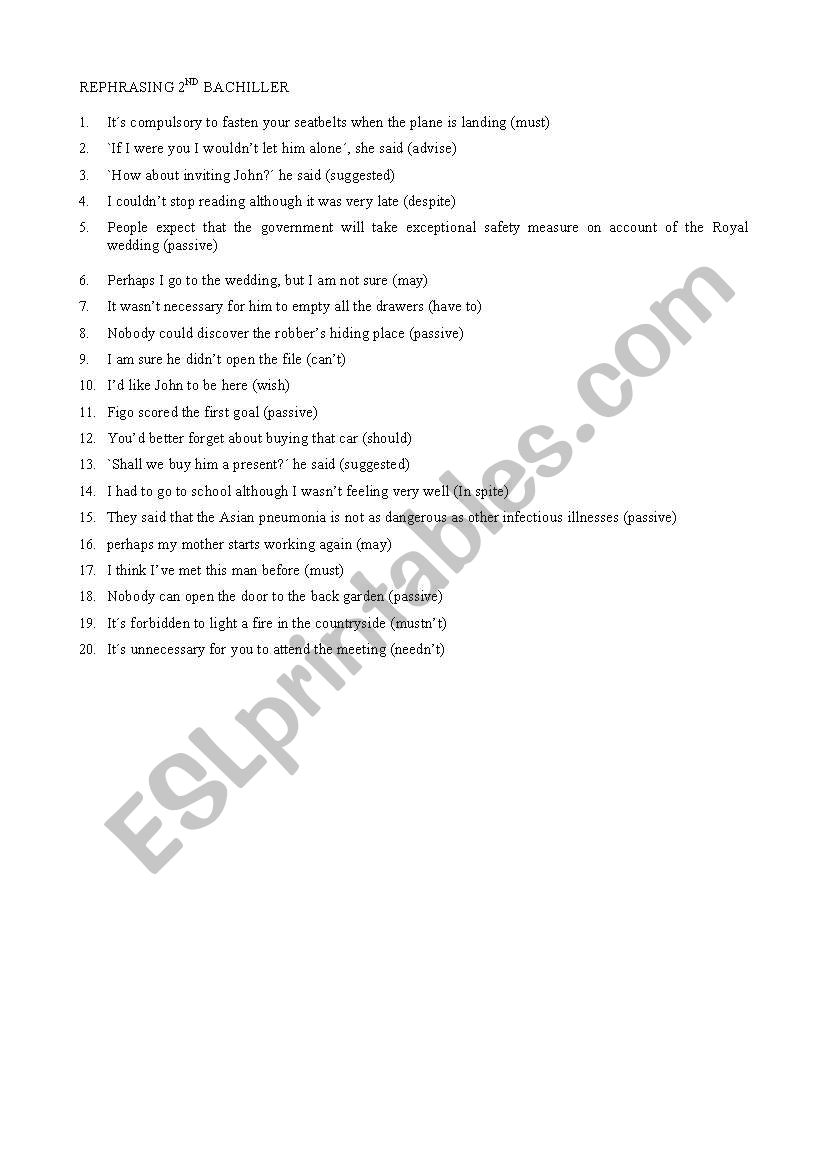 REPHRASING 2ND BACHILLER worksheet