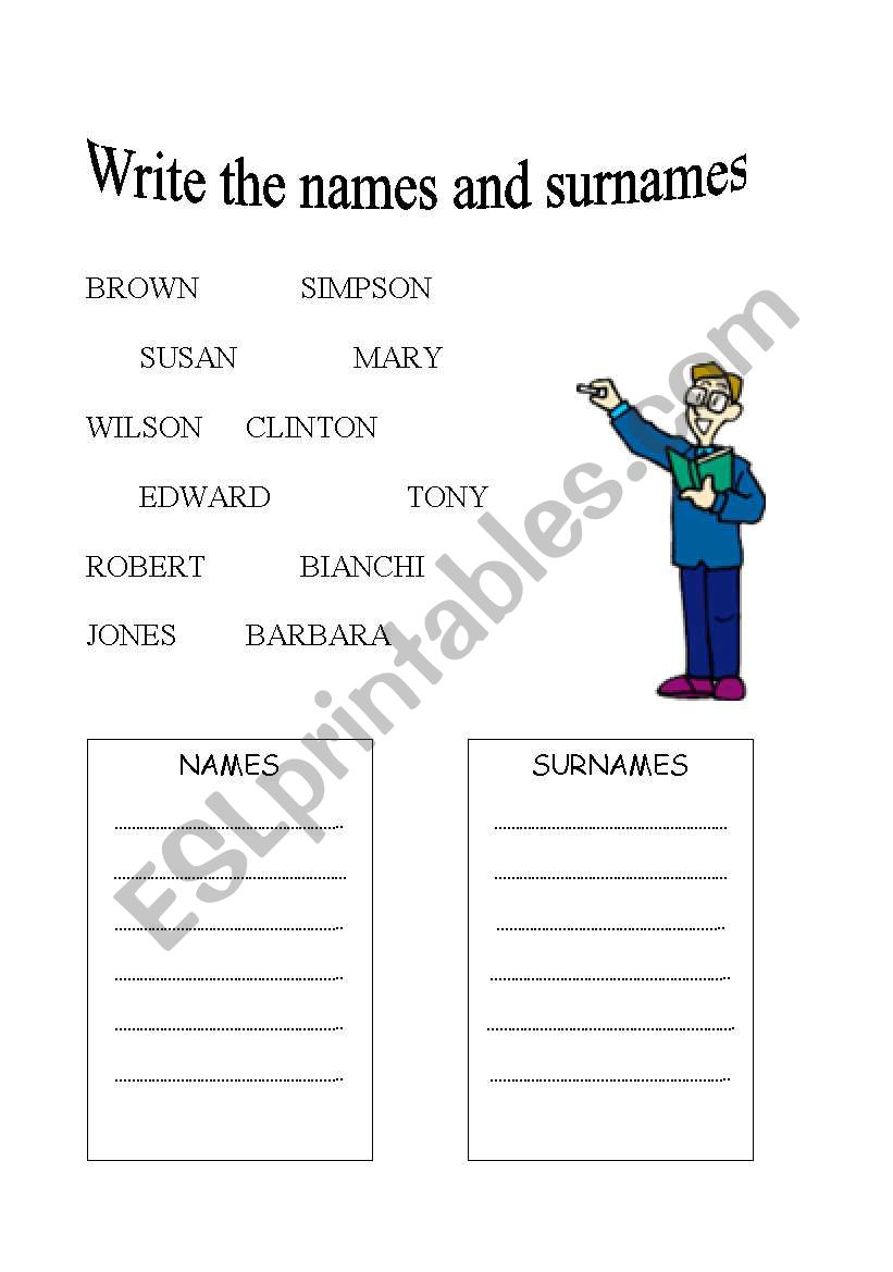 NAMES AND SURNAMES worksheet
