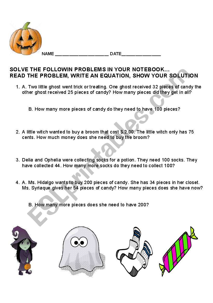 spooky halloween problems worksheet