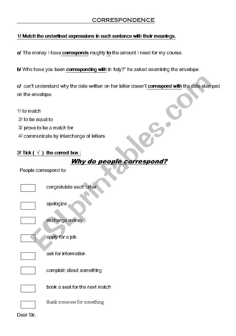 correspondence worksheet