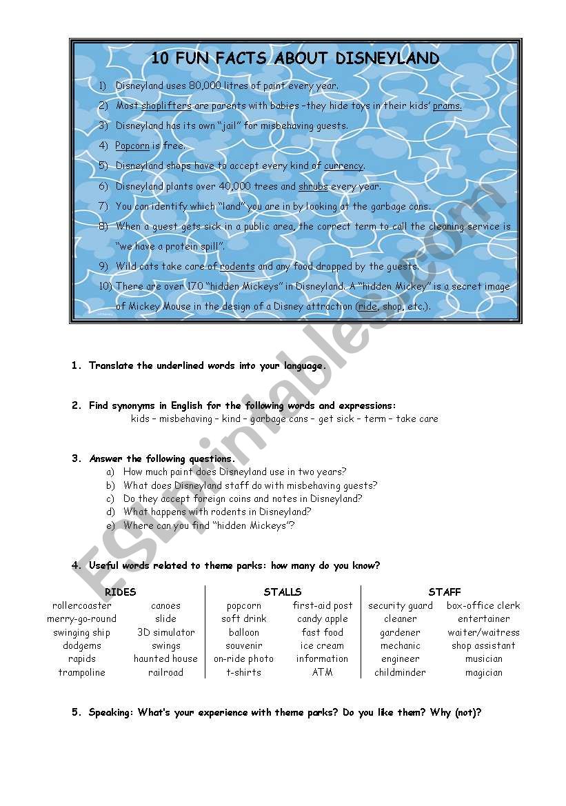 Fun facts about Disneyland worksheet