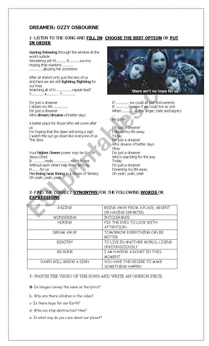 song: dreamer (ozzy osbourne) worksheet