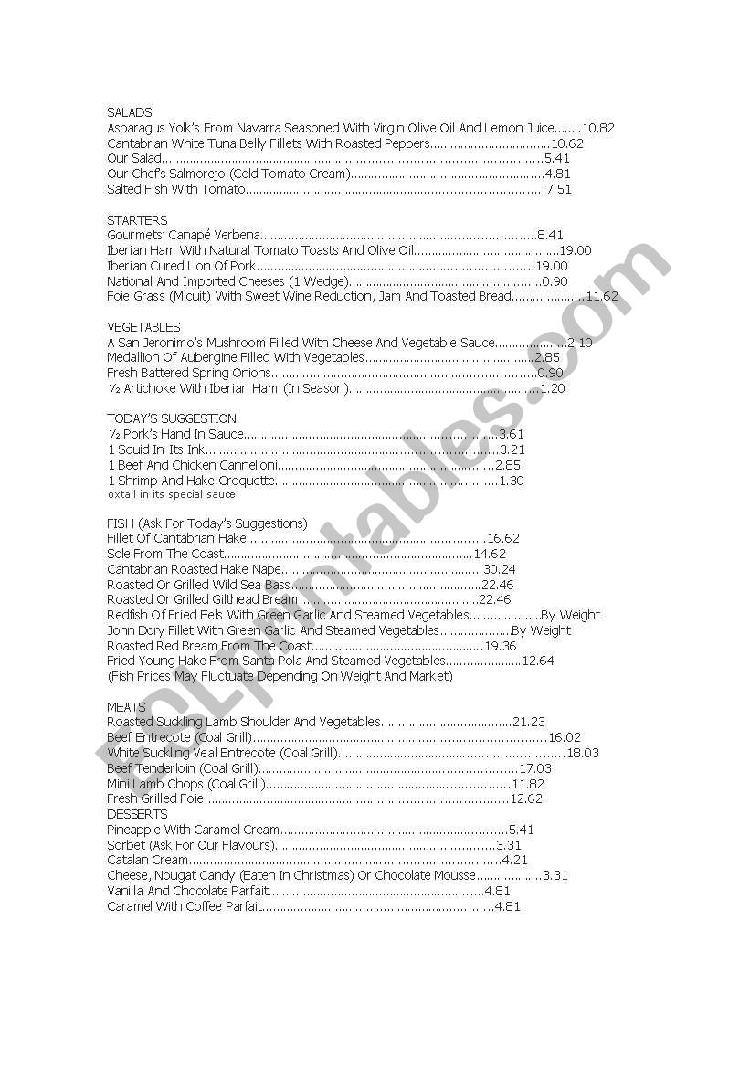 rastaurant worksheet