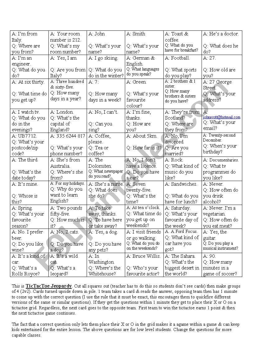 Tic Tac Toe Jeopardy worksheet