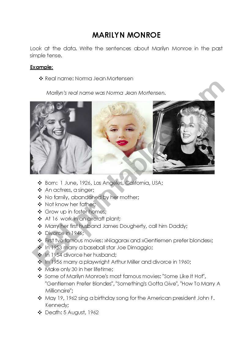 Marilyn MonroeÂ´s biography worksheet